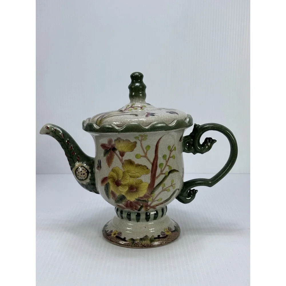 Vintage Chinese Teapot Vibrant‎ Flowers Handcrafted For Decorative Use Only